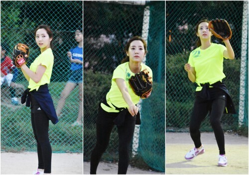 정순주 아나운서가 한스타 여자 연예인 야구단 단체연습에서 캐치볼을 하고 있다.(한스타 DB)