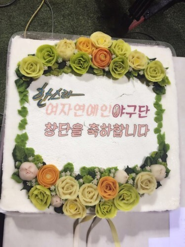 홍서범 공놀이야 구단주가  한스타 여자 연예인 야구단 창단을 축하하는 떡 케이크를 돌렸다.(한스타)