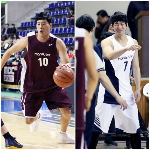 레전드 팀의 우지원(왼쪽)과 연예인 팀의 이상윤. 두 선수는 팀의 주축선수로 올스타전의 흐름을 재미있게 이끌어 관중들의 환호와 웃음을 이끌어 냈다.