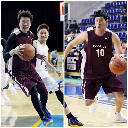 스마일슈터 김훈(왼쪽)과 코트의 황태자 우지원. 이들은 92학번 동기로 연세대 전성시대를 이끌었다. 수 사람은 한스타 연예인 농구 올스타전에 레전드팀으로 참가해 관중들에게 농구의 묘미를 한껏 선사했다. (조성호 기자)