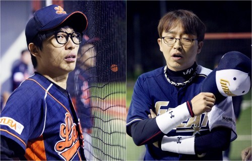 4일 제 7회 한스타 연예인 야구대회 라바와 그레이트의 경기에서 라바의 감독대행을 맡은 개그맨 박충수(왼쪽)와 그레이트의 감독 우석렬. (조성호 기자)