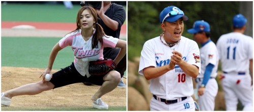 여민정이 시구 전 다리찢기 시구를 하기 위해 몸을 풀자(왼쪽) 이를 유심히 지켜보던 스마일 개그맨 김한석이 시구가 끝난 후 박수를 치며 환호를 보내고 있다. (강지우 인턴기자)